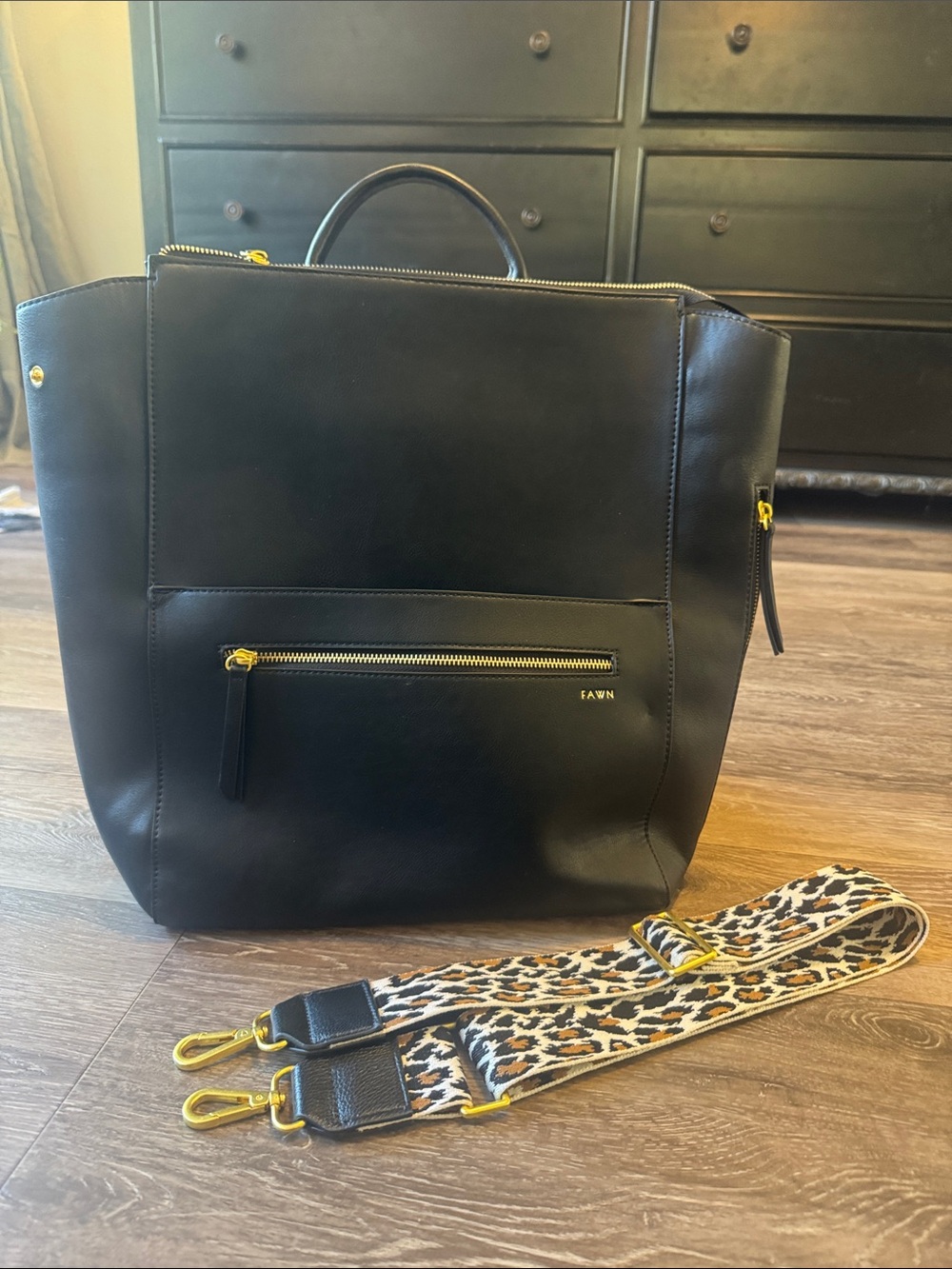 Fawn Design Square Backpack Black w/ Free Fawn leopard Strap